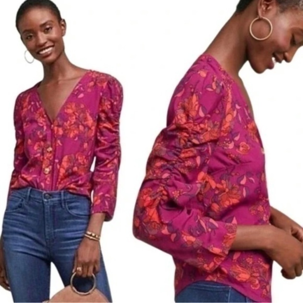 Maeve by Anthropologie Burgundy Floral Blouse Size XS